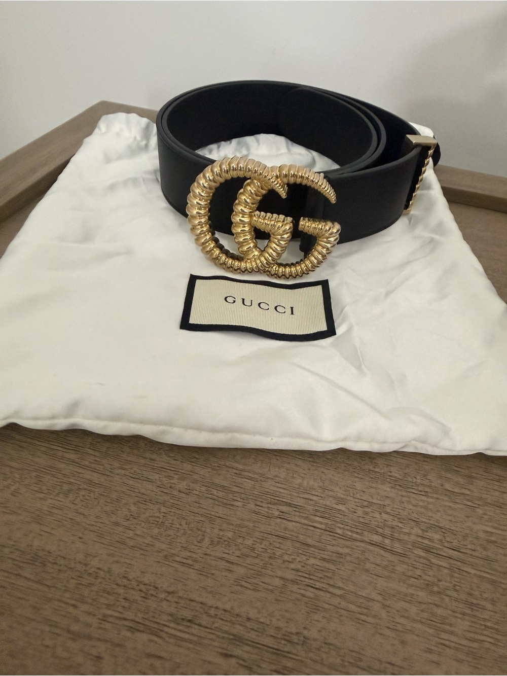 Gucci Black Leather Belt with Gold Textured Double-G Buckle